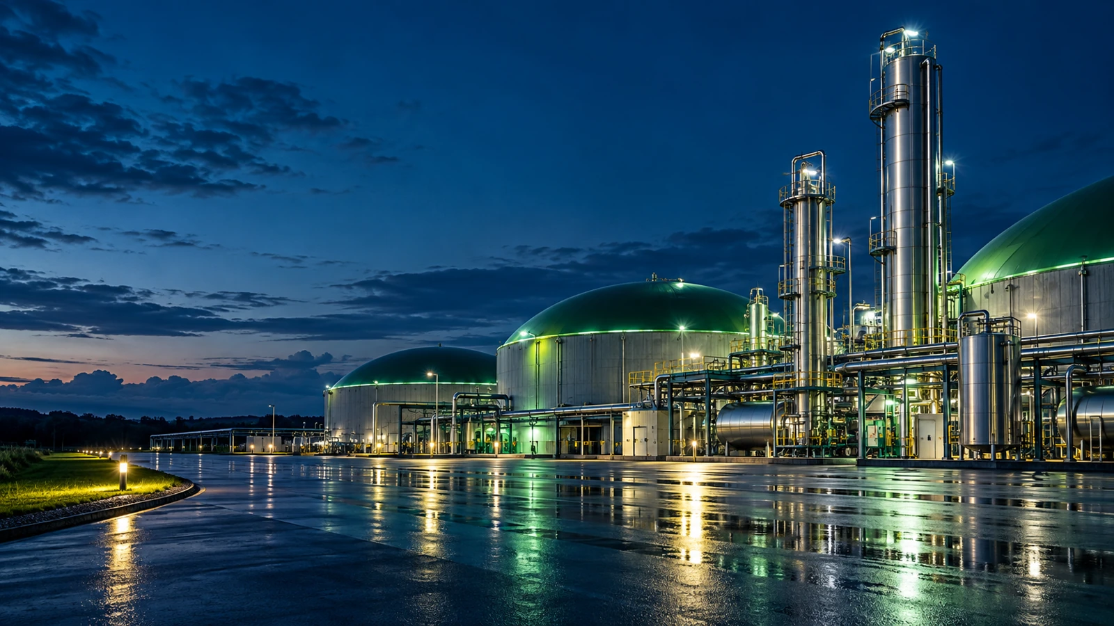 Illustrative biogas facility at dusk